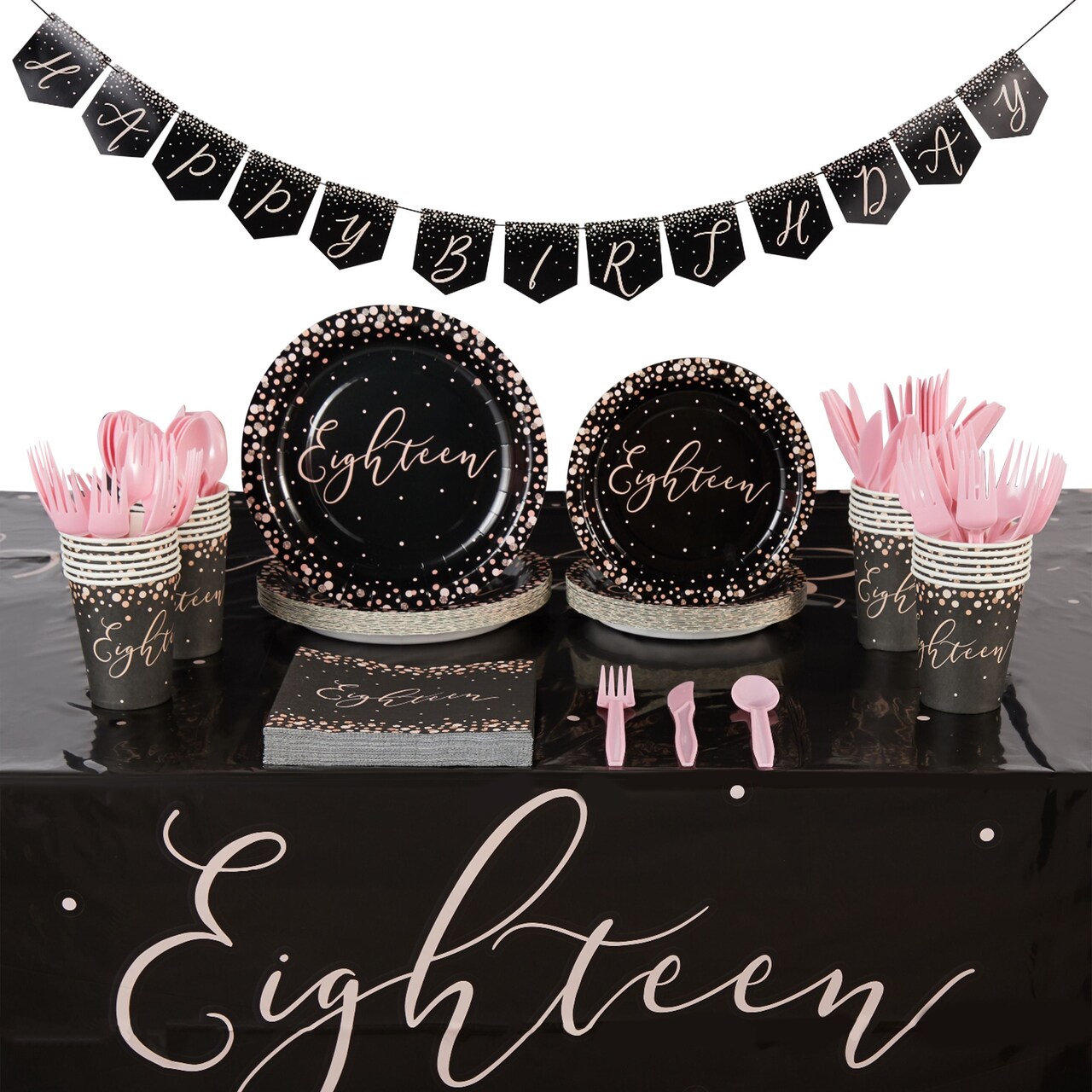 170 Piece 18th Birthday Party Supplies and Decorations Set for Girls, Includes Plates, Napkins, Tablecloth, Banner, Cups, and Cutlery (24 Guests)